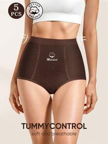 MEIYATING 5pcs Women's Cotton High Waist Shaping Panties, Symmetrical Line Design, Fashion English Graphic Print Triangle Briefs, Suitable For Daily And Commuting - Multicolor - View 4