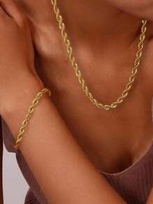 Nooxian 2pcs Set Minimalist Twisted Rope Chain Necklace & Bracelet Jewelry Set, Suitable For Women - Yellow Gold - View 1