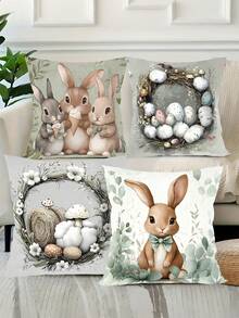 4 件装复活节兔子枕套，18*18 英寸灰色复活节彩蛋图案节日抱枕套，涤纶农舍风格靠垫套，非常适合沙发、客厅、卧室家居装饰，不含枕芯，复活节装饰，春季节日庆祝活动 - 彩色 - 查看 5