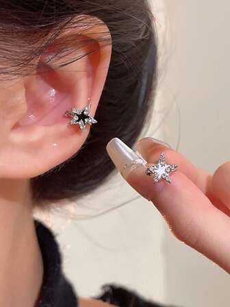 1 par de abrazaderas de oreja con estrella de rhinestone minimalista y versátil, pendientes elegantes de clip para orejas sin perforar
