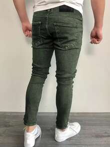 Men's Stretch Slim Fit Jeans - Slim Fit With Distressed Hem, Mid-Rise And Tapered Design, Non-Sheer And Versatile For All Seasons - Machine-Washable Imitation Jeans - 綠色 - 查看 2