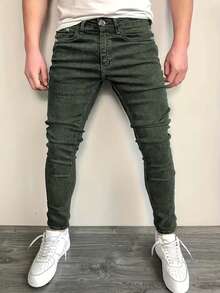 Men's Stretch Slim Fit Jeans - Slim Fit With Distressed Hem, Mid-Rise And Tapered Design, Non-Sheer And Versatile For All Seasons - Machine-Washable Imitation Jeans - 綠色 - 查看 1