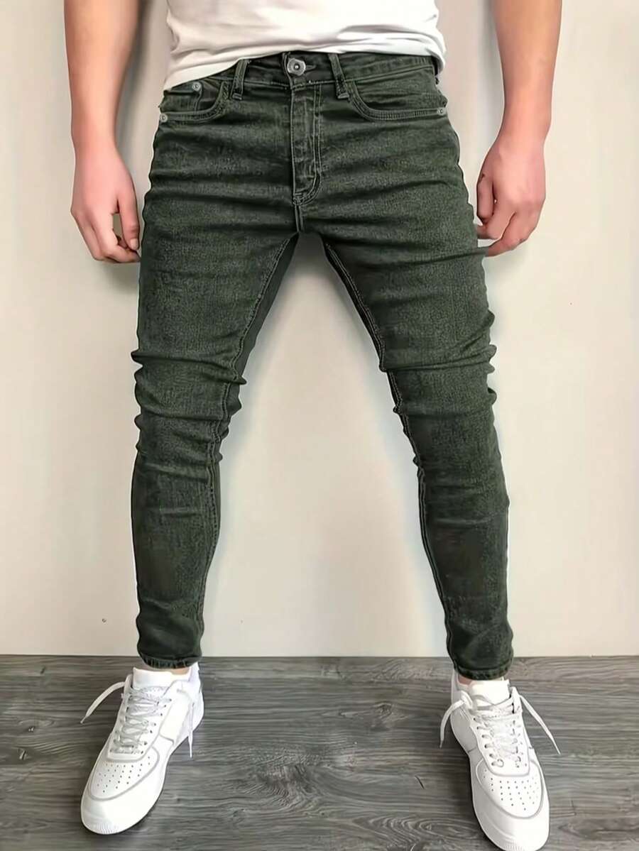 Men's Stretch Slim Fit Jeans - Slim Fit With Distressed Hem, Mid-Rise And Tapered Design, Non-Sheer And Versatile For All Seasons - Machine-Washable Imitation Jeans - 綠色 - 查看 1