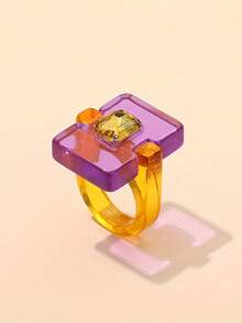 1pc Fashionable Geometric Square Crystal Resin Ring, Party Punk Accessory - Purple and Yellow - View 1