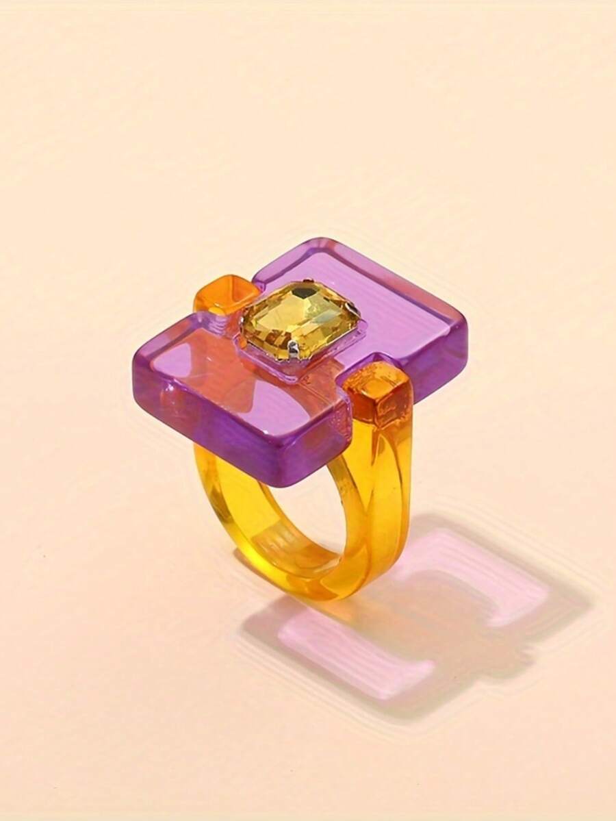 1pc Fashionable Geometric Square Crystal Resin Ring, Party Punk Accessory - Purple and Yellow - View 1