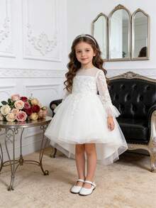 Girls Elegant Lace Patchwork Trailing Princess Dress, Flower Girl Pageant Gown, Wedding Party Performance Dress - White - View 5