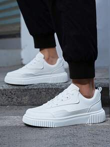 Men's Skate Shoes, White Leather Sneakers With Thick Wave Sole, Non-Slip Comfortable Low-Top Shoes For Casual Wear, Street Style Gift For Him - 白色 - 查看 2
