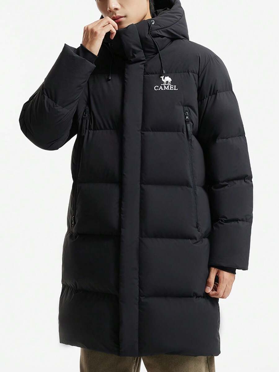 CAMEL CROWN Chaqueta larga de plumón para hombres, gruesa y cálida para otoño/invierno, con capucha, rellena de plumón, de gran esponjosidad, a prueba de viento, resistente al agua y a las manchas - Fantasma negro - Ver 1