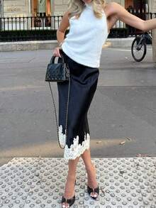 Women's Lace Trim Satin Silk Midi Skirt Y2K Elegant Silky Flowy A Line Long Skirt Vintage Bodycon Pencil Maxi Skirts Going Out Beach Vacation Skirt Streetwear - 黑色 - 查看 3
