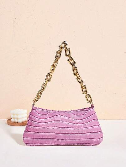 Baguette-Tasche mit bunter Schlangenhaut-Optik und goldfarbener Kette für Schulter/Unterarm