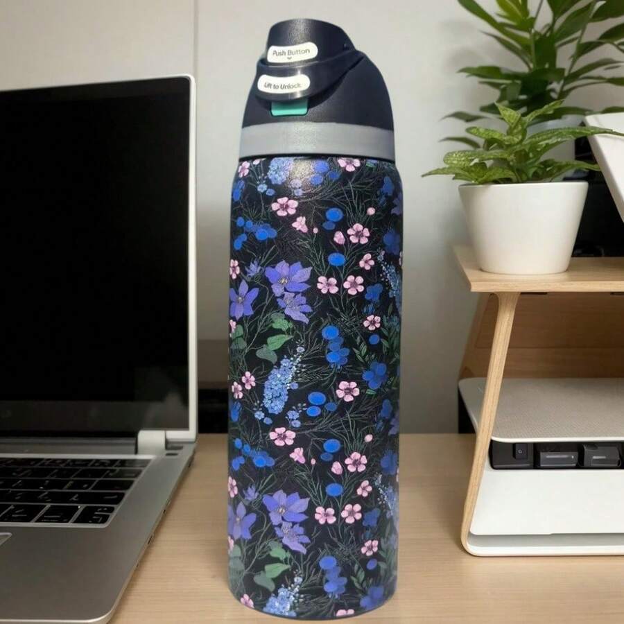 32oz Stainless Steel Insulated Water Bottle - Available In Various Floral Patterns / Keeps Drinks Hot Or Cold / Features A Stainless Steel Body, A Push-Button Dustproof Lid, And A Plastic Straw. - màu đen - Xem 1