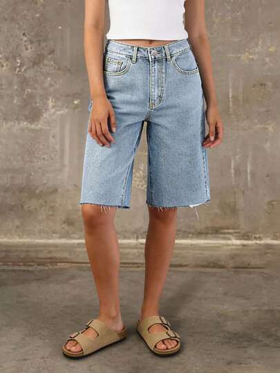 Pantalones cortos vaqueros de mujer de lavado claro, ajuste holgado y pierna recta informal