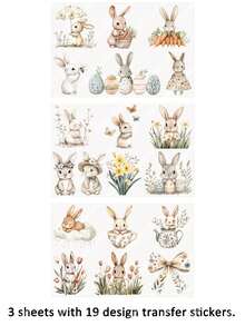3张复活节春季复古兔子花卉图案DIY UV DTF转印贴纸，适用于工艺品、手账、玻璃杯、咖啡杯、杯子套、瓶子、花瓶、笔记本电脑、手机壳、贺卡、插画、剪贴簿、装饰转印贴纸、家居装饰，6.8厘米 - 彩色 - 查看 3