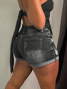 Women's Summer Mid Rise Ripped Denim Shorts Stretchy Butt Lifting Jean Shorts - Xám - Xem 4