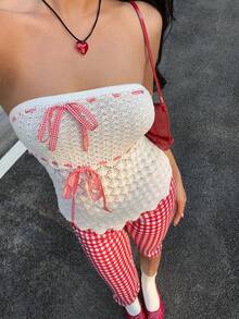 2026 Spring/Summer New Women's White Strapless Plaid Drawstring Fitted Knit Top, Knit Fabric, Crochet Lace Texture, Lightweight And Flowy, Sweet Girly Style, Radiates Retro Lightweight Romantic Vibe, Playful And Lively, Perfect For Summer Vacation, Beach Trip, Date Night, Shopping, Outdoor Cafe, Music Festival, Country Concert, Valentine's Day - White - View 4