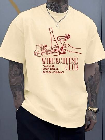 Wine And Cheese Club Illustration Symbolizing Fine Wine Good Cheese And Great Company 100% Cotton Size Plus Men's Tshirt 220g