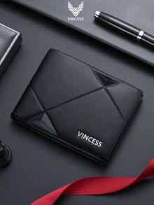 VINCESS Men's Genuine Leather Wallet, Slim Bifold Wallet With Multiple Card Slots, Anti-Theft, Geometric Design, Casual & Fashionable For Daily Use, Ideal Gift For Men On Holidays And Valentine's Day Valentine'S Day - Black - View 1