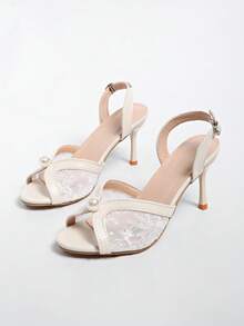 Lace Faux Pearl Open Toe Sandals, Banquet Strap Mid-High Heels, Bridal Wedding Shoes - Beige - View 4