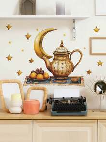 1pc Middle East Tea Pot Moon Stars Wall Decorative Sticker - Bedroom, Living Room, Entrance Wall Decor For Home Background Beautification - Multicolor - View 2