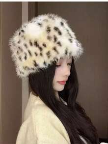 韩版豹纹毛绒圆顶护耳帽，小脸型更显脸小，人造毛皮内衬，冬季加厚保暖渔夫帽 - 水桶豹紋 - 查看 5