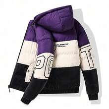 Abrigo de Invierno para Hombre con Capucha y Relleno de Plumón, Diseño Color Block, Corte Holgado, Capucha Desmontable, Chaqueta Casual de Moda para Estudiantes, Abrigo Acolchado Cálido para Hombre, Impermeable, Resistente al Viento, Ligero, Aislamiento Térmico, Parka Deportiva para Exteriores. - Morado - Ver 2