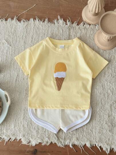 2pcs/Set Baby Boy Summer Outfit, Fashionable Ice Cream Applique Short Sleeve Top + Shorts