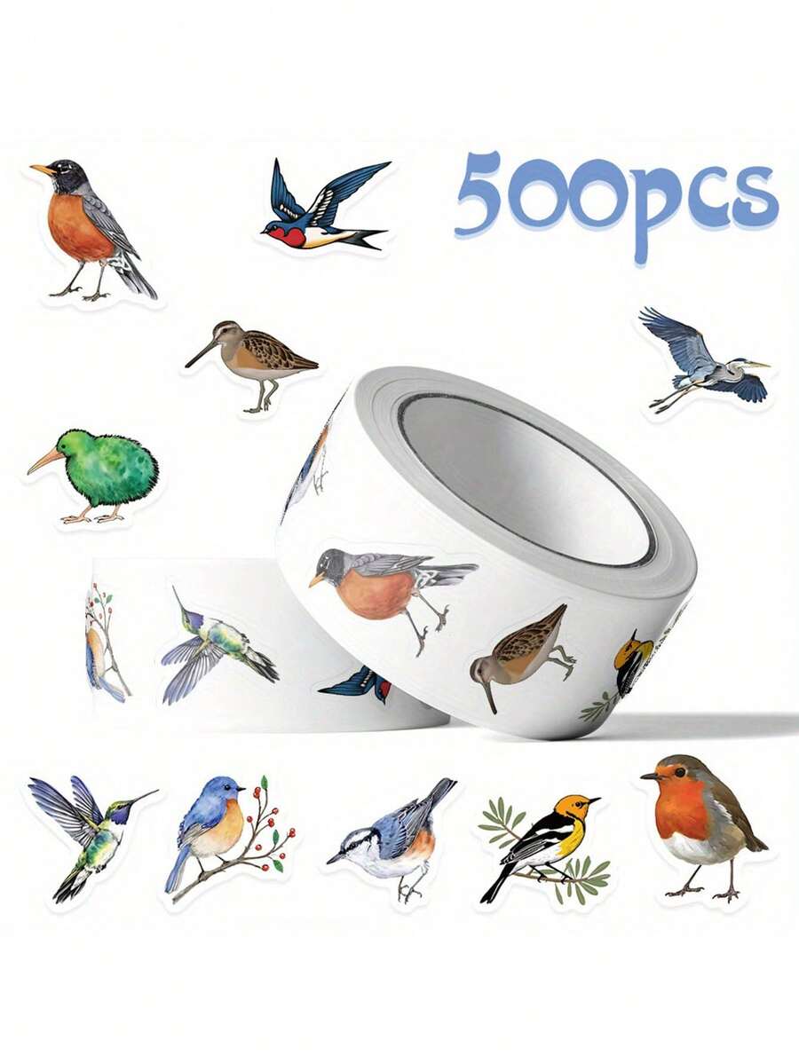 500张/卷 鸟类贴纸 卷装鸟类贴纸 动物贴纸 鸟类玩具 鸟类礼物 卡通贴纸 可爱贴纸 美观贴纸 乙烯基贴纸 适用于水瓶、电脑、笔记本电脑、手机、行李箱、笔记本、冰箱