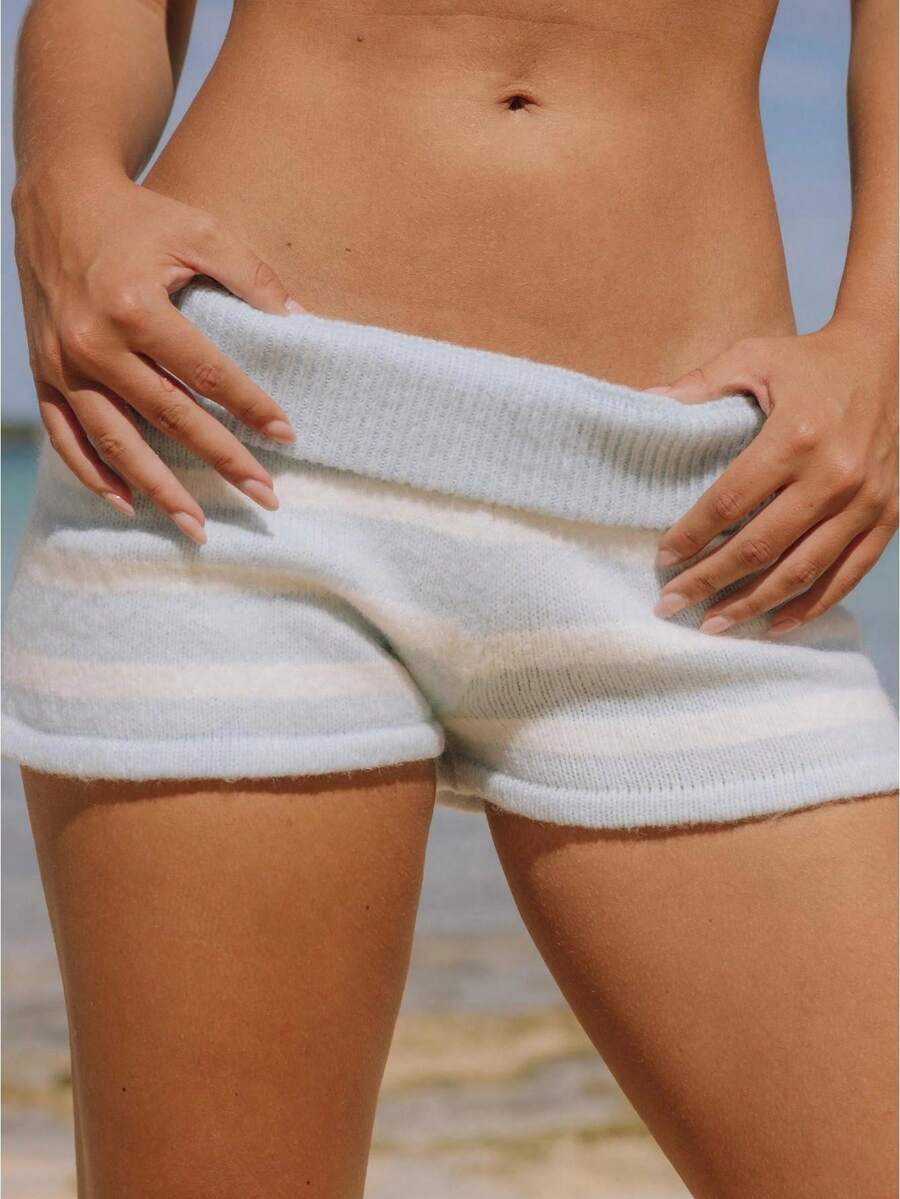 Shorts de punto acanalado para mujer con cintura elástica plegable, ajuste ceñido, mini Bottom estilo Y2K, shorts de sudadera para estar en casa - Azul - Ver 1