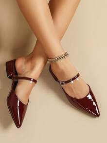Women's Burgundy Patent Leather Pointed Toe Low Heel Transparent Strap Mule Slides, Suitable For Commuting - Burgundy - View 3