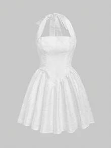 Elegant Solid Color Minimalist Commute & Date Fashionable Special Print Textured Fabric French Style Cinched Waist Neck Versatile Dress Party White - White - View 7