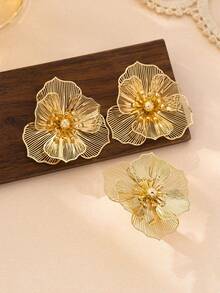 3件套金色镂空花朵耳环戒指套装，时尚优雅，适合派对、宴会和日常佩戴。 - 金黃色 - 查看 4