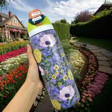 Owal'o 32oz Stainless Steel Insulated Water Bottle - Available In Various Floral Patterns / Keeps Drinks Hot Or Cold / Features A Stainless Steel Body, A Push-Button Dustproof Lid, And A Plastic Straw. - 紫色 - 查看 2