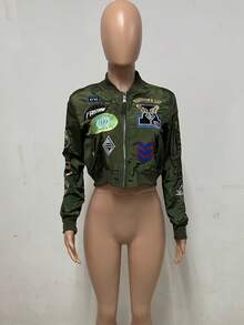 Y2K Green Vintage Heavy Industry Patchwork Full Embroidered Oversized Casual Bomber Jacket - xanh quân đội - Xem 5