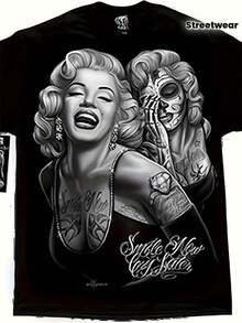 58_LocalAuthentic D Gonzales DGA Camiseta para hombre "Sonríe ahora, llora después" de la Oeste - Camiseta de algodón pesado de 220 g/m² con un ajuste relajado y un gráfico de tatuaje DGA, diseño de la Oeste y estampado aleatorio para ropa casual de uso durante todo el año - Negro - Ver 3