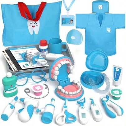 Juego de Dentista, 31Pcs Kit de Dentista Juguetes Para Niño Regalos Para Niñas y Niños con Dentista-Uniforme y Gorro de Médico, Cepillo de Dientes Eléctrico y Pasta, Juguetes Para Niños de 3 4 5 6