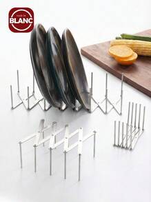 1pc Kitchen Stainless Steel Pan Shelf Side Pot Lid Rack Telescopic Folding Storage Rack Row Skeleton Grill - Silver - View 4