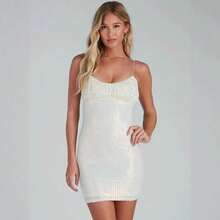 Summer Bead Sexy Suspender Retro Sequined Dress Retro Evening Dress Short - trắng - Xem 1