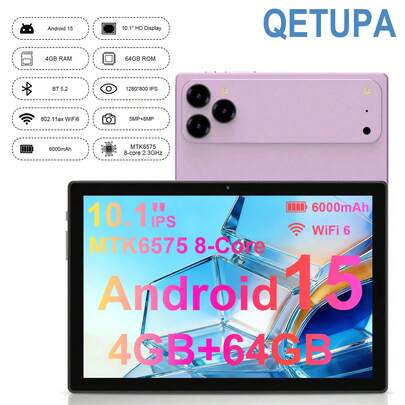  Qetupa Z30 平板电脑，10.1 英寸 Android 15 平板电脑，MTK6771 CPU，快速 8 核处理器，4GB RAM + 64GB ROM（支持 1TB SD 卡），5MP + 8MP 双摄像头，1280*800 高清 IPS 触摸屏，6000mAh 电池，802.11ax Wi-Fi6，GPS，优质铝合金机身——完美适用于圣诞节、万圣节、感恩节、周年纪念日、复活节和任何特殊日子。