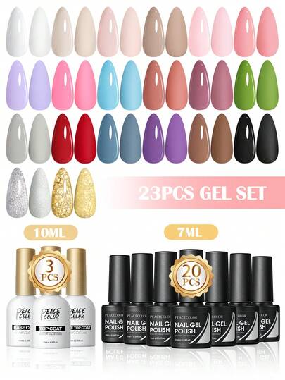 peacecolor Set de 20 colores de esmalte de uñas en gel, incluye 3 botellas de base y top coat, esmaltes de uñas en gel en rojo, rosa y nude, y base y top coat de gel de 10ml sin necesidad de limpiar, de larga duración, adecuado para diseño de manicura DIY de mujeres, regalo de salón, regalo de Año Nuevo para las uñas
