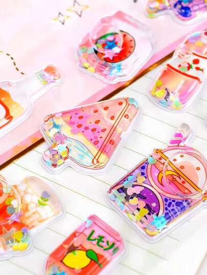 1张闪亮3D贴纸，果冻摇摇乐贴纸，带箔片装饰，甜点、饮料、糖果、冰淇淋、水果主题，DIY剪贴簿日记装饰，3D果冻摇摇乐贴纸套装，可爱甜点主题装饰贴纸，适用于日记、剪贴簿、交换和分享