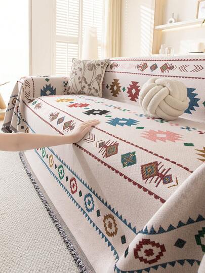 1pc Bohemian Style Sofa Blanket - Suitable For All Seasons, Pet Friendly, Dust Cover Sofa Throw With Tassels - For Living Room, Bedroom - Machine Washable, Sofa Blanket, Sofa Cover, Sofa Throw