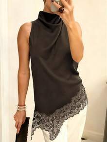 Women's Mock Neck Satin Lace Trim Tops Sleeveless Side Split Asymmetric Hem Tank Tops Y2k Elegant Going Out Tops - 深棕 - 查看 3