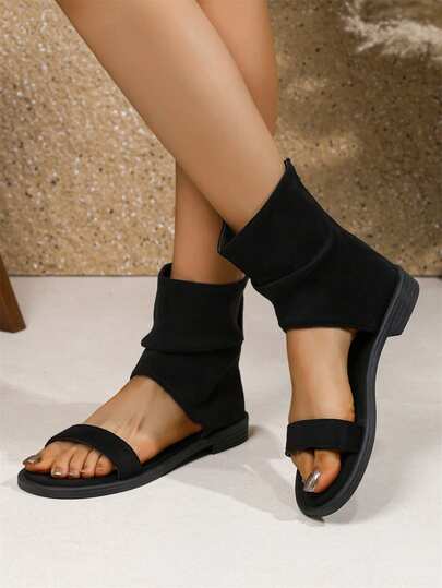 Women's Simple Solid Color Open Toe High-Top Lace-Up Flat Sandals, Lazy Casual Style, Suitable For Summer Vacation And Commuting, Black And Brown Colors, Suede Material, Comfortable And Casual High-Top Flat Sandals