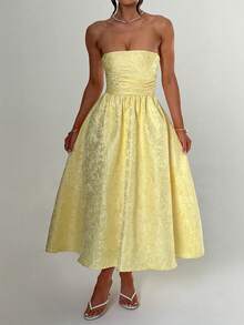 Look Polly 女士夏季连衣裙，奶油黄色提花连衣裙，无肩带设计，适合婚礼、秋季时尚、返校季、派对、露肩正式场合，优雅印花连衣裙 - 淡黃色 - 查看 6