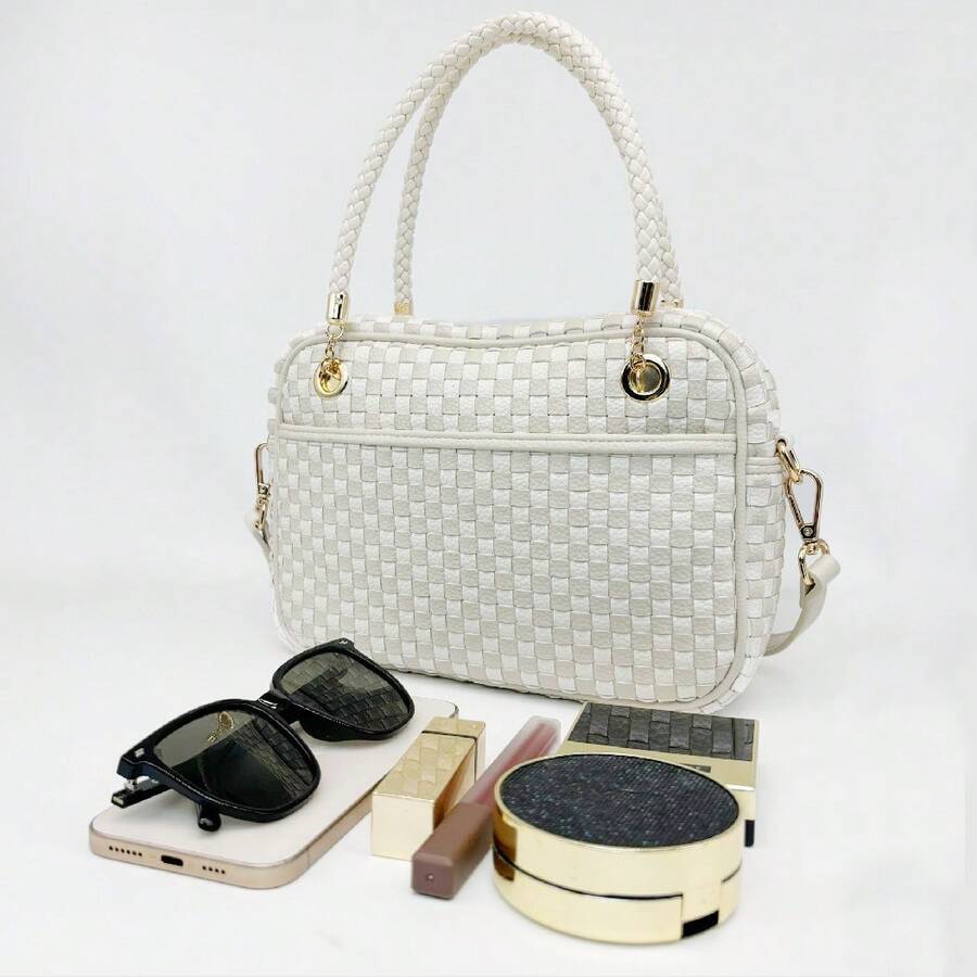 Vegen Leather Checkered Crossbody Bag For Women Small Cute Vegan Leather Purses Boho Shoulder Plaid Handbags Top Handle Satchel Bag Wide Strap Woven Bum Bag |   Stylish Woven Crossbody Bag Adjustable Strap For Travel Festivals & Everyda PU Leather Checkered Clutch Purses Underarm Shoulder Handbag - 杏白格子 - 查看 1