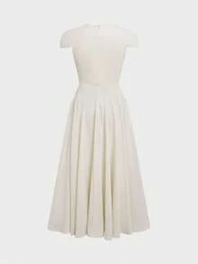 Đầm midi dáng chữ A thanh lịch, cổ chữ V, tay phồng, thắt eo, kiểu dáng ôm sát, thích hợp mặc thường ngày hoặc đi làm cho nữ, mùa hè. - Màu be - Xem 8