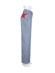 Women's Light Blue High-Waist Jeans With Red Five-Pointed Star Decorations On The Hips, Fashionable And Casual Denim Flare Leg Trousers, Medium Stretch Fabric, Suitable For All Seasons And Various Occasions. - 淺藍色 - 查看 7