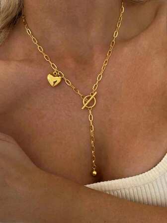 Collar en forma de Y chapado en oro de acero inoxidable con colgante con forma de corazón retro + hebilla OT, cadena fina francesa Seiko, encanto maduro, cadena de clavícula de punto de otoño e invierno, superposición de regalos festivos, diseño exquisito que se adapta a todos los estilos de escote.