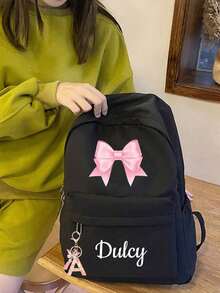 Customized Back-To-School Bow Print Backpack, Ideal For Daily Use; Fashionable And Versatile, Made Of Durable Nylon Material; Can Be Personalized With Name Or Holiday Greetings; Suitable For Both Men And Women; Elegant And Minimalist Design, Soft And Comfortable; Colorful; Cute And Charming; Ideal For Casual Wear; Unique Personalized Gift For Family And Friends. - Black and Pink Letter Pendant - View 3