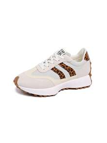 Women's Beige Retro Thick-Soled Luxury Fashion Versatile Sneakers, Suede-Like Fabric Patchwork, Casual Thick-Sole, Fashionable Comfortable Vacation Style Non-Slip Soft Bottom Casual Sneakers - Beige - View 1